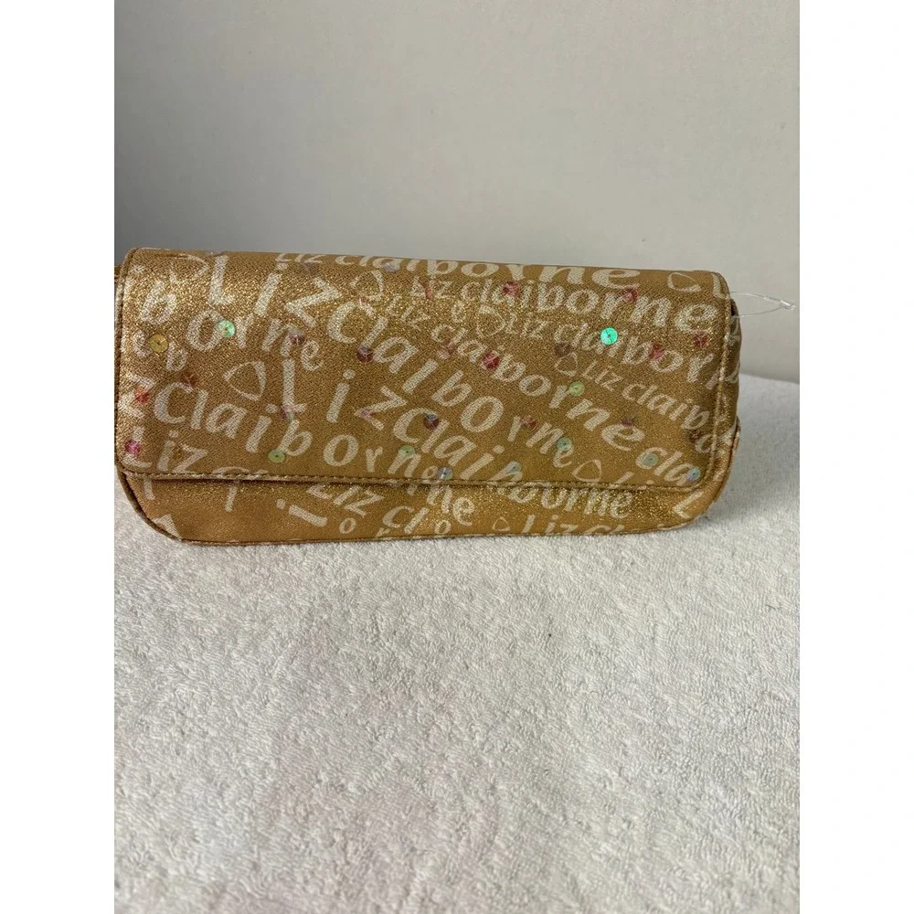 Liz Claiborne Gold‎ Sequins Logo Print Clutch Wallet Evening Bag